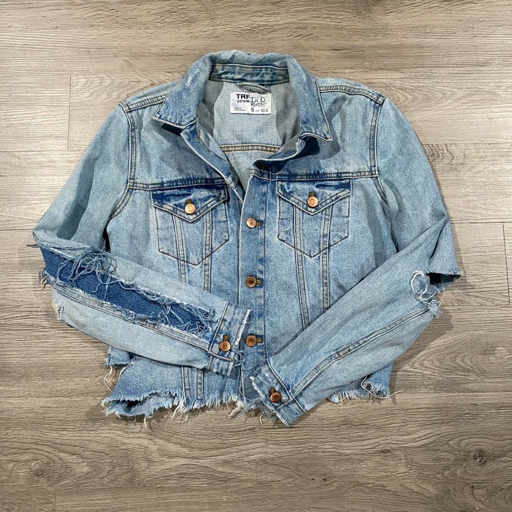 Zara TRF Distressed Denim Jacket with Frayed Hem